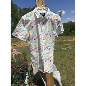 official PlayStation men’s white button-up shirt S gaming video games spellout